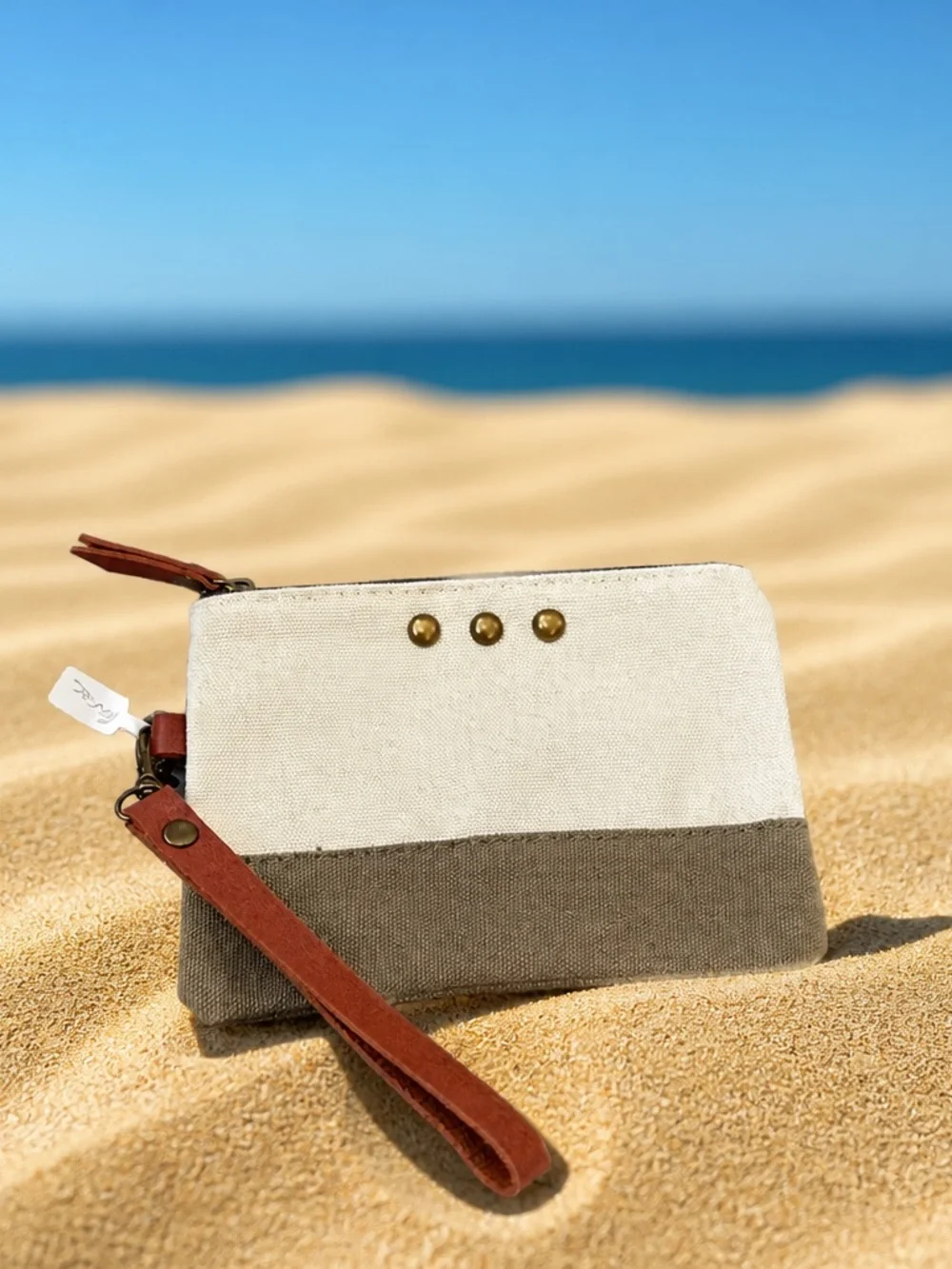 Canvas Two-Tone Wristlet Pouch in Cream and Brown
